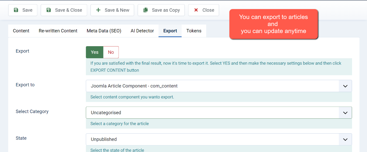 Export in to the articles